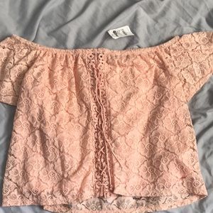 Salmon Colored Lace Off the Shoulder Top